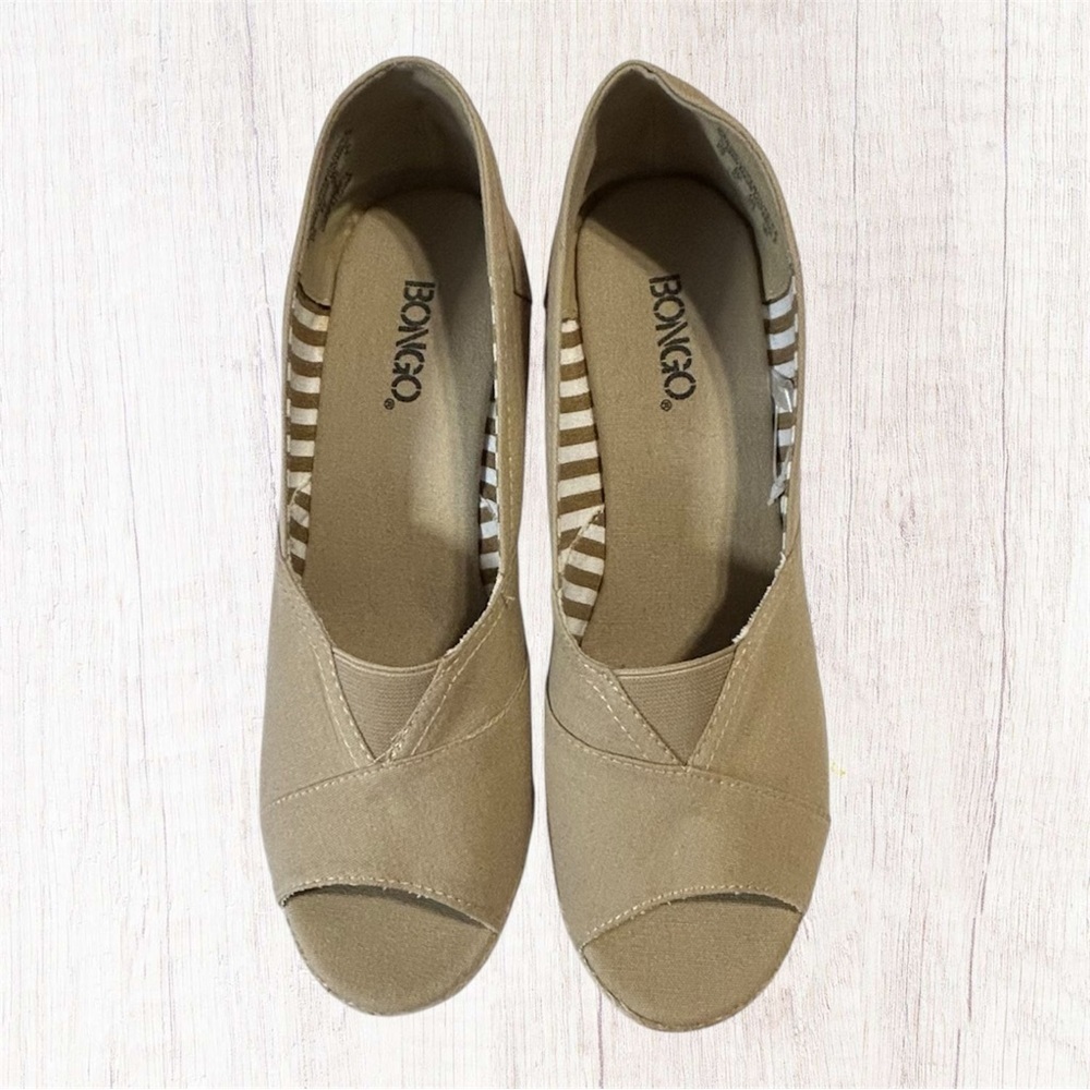 Bongo Peep Toe Espadrille Wedge Shoes Tan Canvas Boho Summer Size 9.5 - Picture 2 of 10